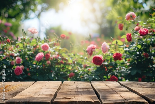Empty wooden table on rose garden background. Summer mockup, product display.
