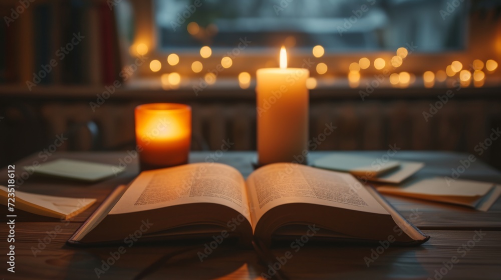 Image of an open book on a desk, surrounded by scattered notes and a lit candle. Image of an open book on a desk, surrounded by scattered notes and a lit candle.