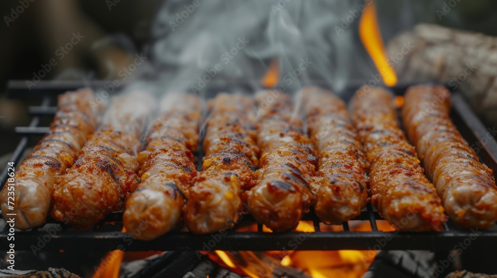 Juicy fried sausages on the grill on the background of the fire.