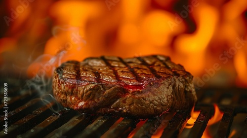 Juicy bloody steak on the grill against the background of flames. Shallow depth of field