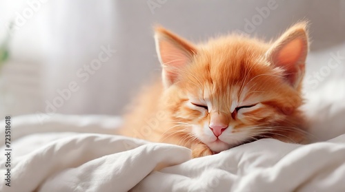 A white kitten sleeps on the couch, covered with a knitted blanket. Pet. Sleep and a relaxing nap. A pet cute kitten, the concept of caring and loving for a pet