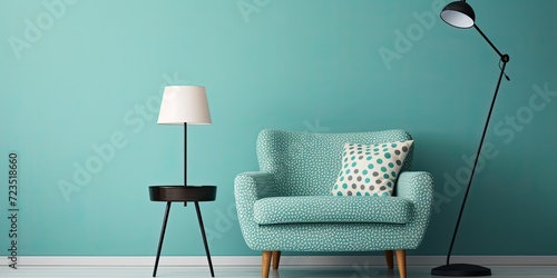 Living room with teal paint, spotty blanket, modern lamp, small table.