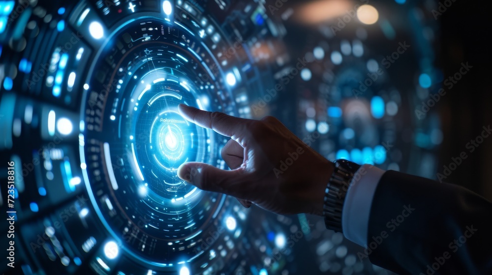 businessmanhand operating a futuristic holographic interface, touching virtual buttons. Close-up of the hand against the hologram, high-tech office setting, businessmanhand operating a futuristic holographic interface, touching virtual buttons. Close-up of the hand against the hologram, high-tech office setting,