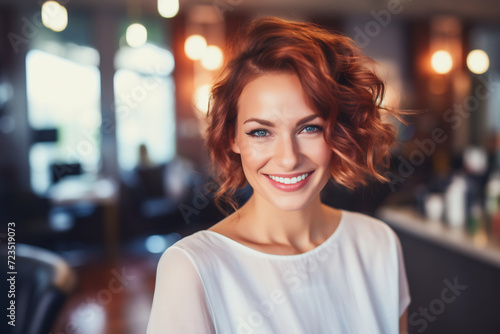 Confident Professional Woman with a Bright Smile in Business Casual Attire at a Stylish Restaurant. Corporate Lifestyle and Success