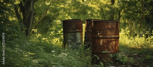 Wooded area contains three aged plastic barrels.