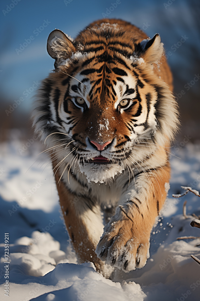 Obraz premium Un tigre de Sibérie marchant dans la neige.