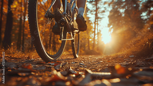 Golden light bathes a cyclist's journey through an autumnal landscape. AI Generative.