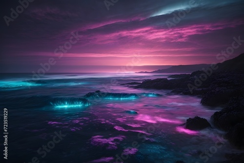 Mystical Ocean Sunset: Vibrant Colors Illuminate Waves and Rocky Shoreline