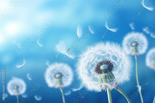 Free-floating dandelion seeds whisked away by the wind against a serene blue background, depicting change, AI Generative.