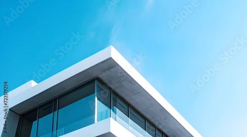 a white building with glass balconies against a blue sky photo