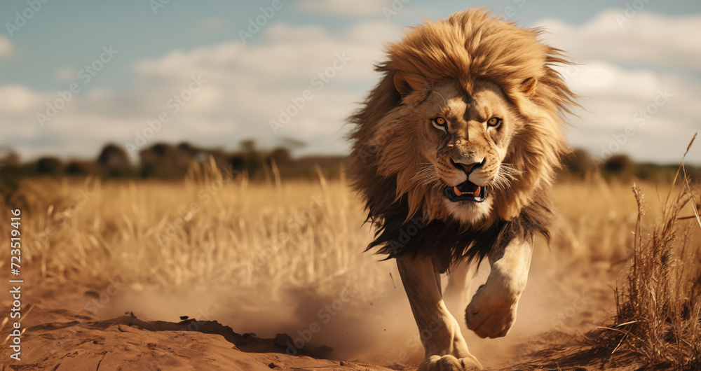 Un lion courant dans la savane africaine, image avec espace pour texte.