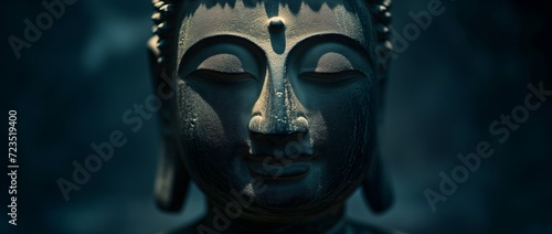 Close-up of a Buddha statue's face, bathed in warm golden light, exuding a sense of calm and spirituality.