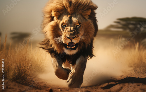 Un lion courant dans la savane africaine