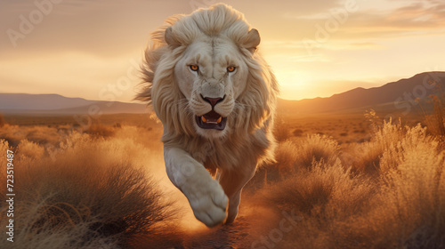 Un lion blanc courant dans la savane africaine photo