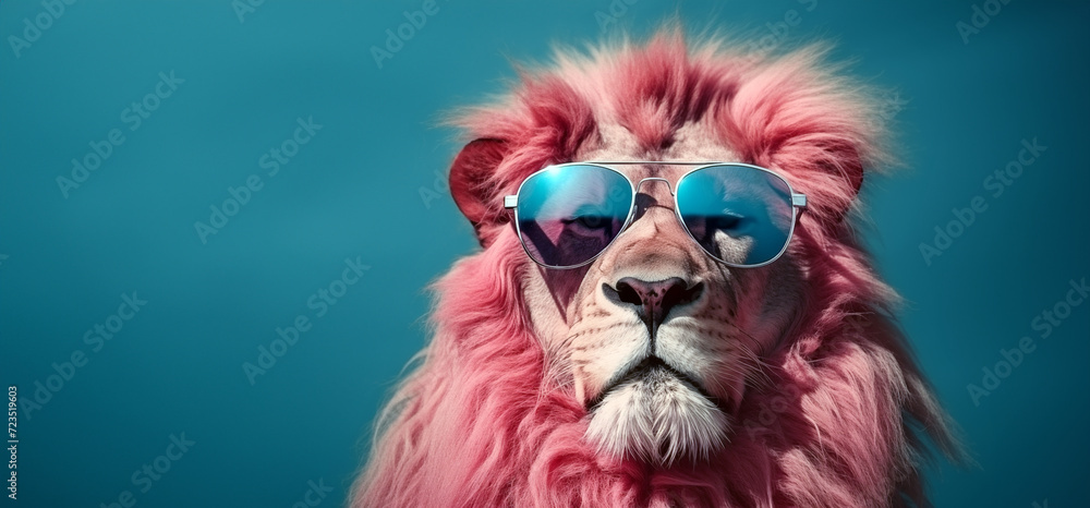 Le portrait humoristique d'un lion avec des lunettes de soleil, sur fond bleu, image avec espace pour texte.