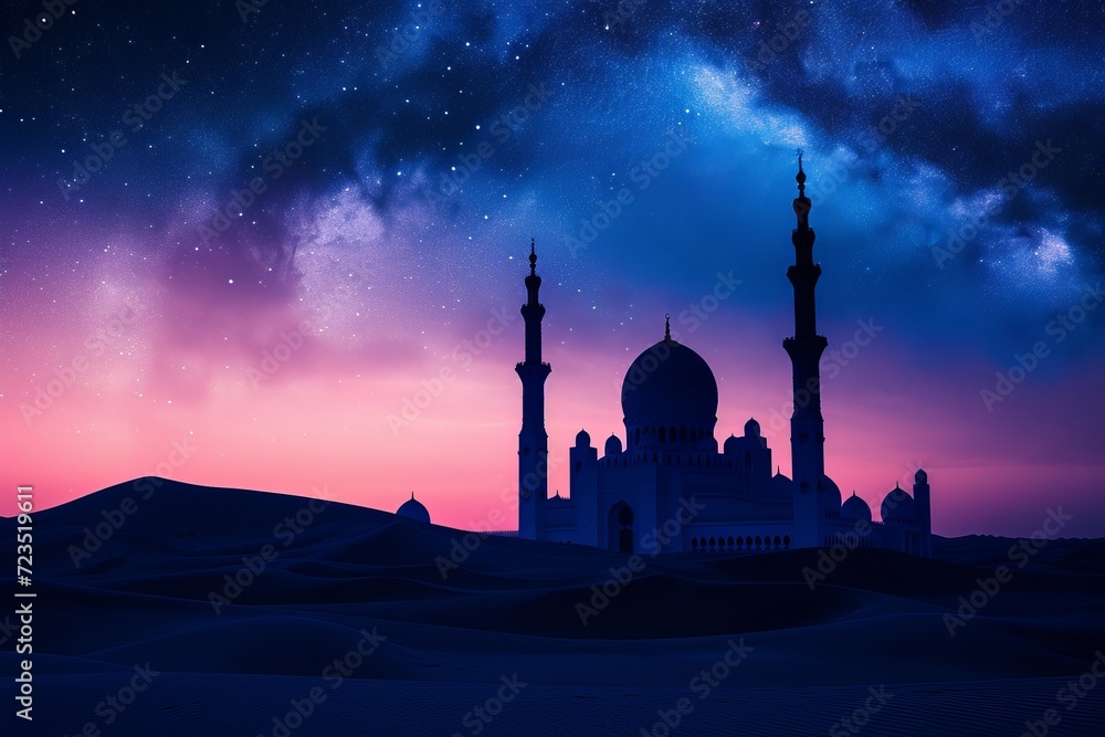 Photo of a desert scene at sunrise, featuring a silhouette of an Islamic mosque against a cosmic-inspired sky. 