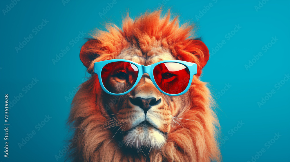 Le portrait humoristique d'un lion avec des lunettes de soleil, sur fond bleu.