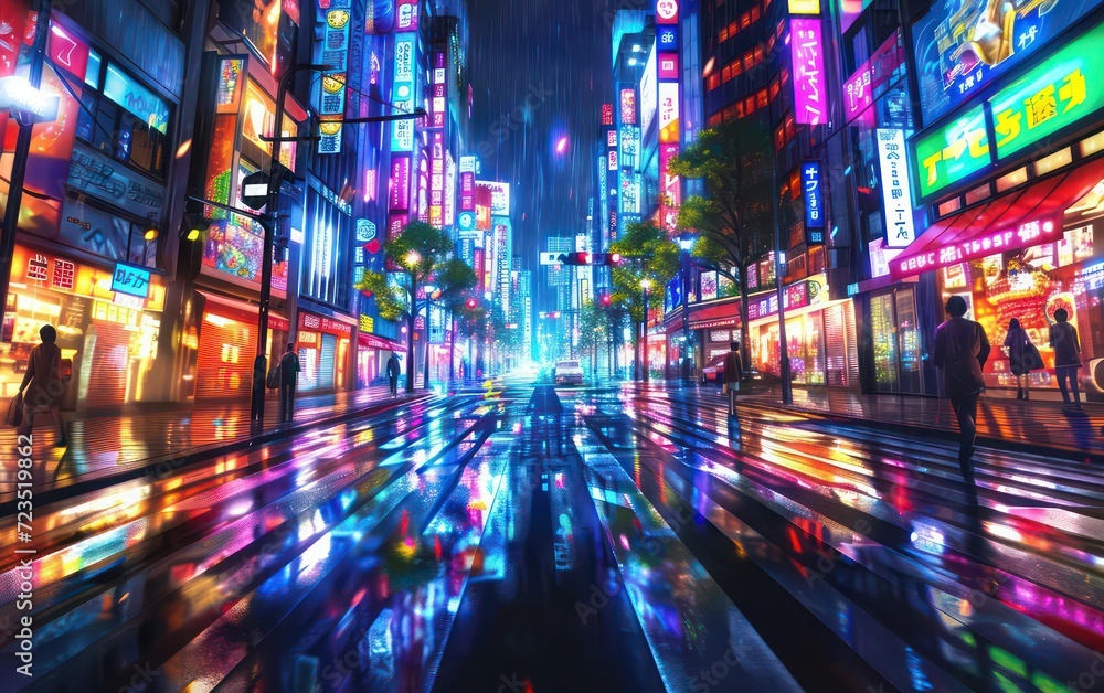 Night city street illuminated dazzling lights Tokyo style.