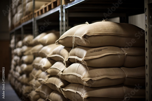 Stacked Burlap Sacks of Raw Materials in Warehouse Storage. Industrial Supply Chain and Logistics © AspctStyle