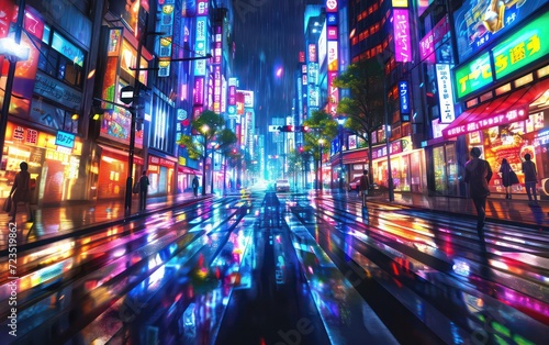 Night city street illuminated dazzling lights Tokyo style.