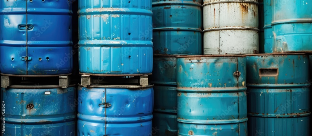 Stacked up blue and white containers containing oil or chemicals. Stacked up blue and white containers containing oil or chemicals.