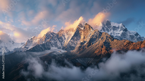 Majestic Sunrise Over Snow-Capped Peaks and Misty Valleys