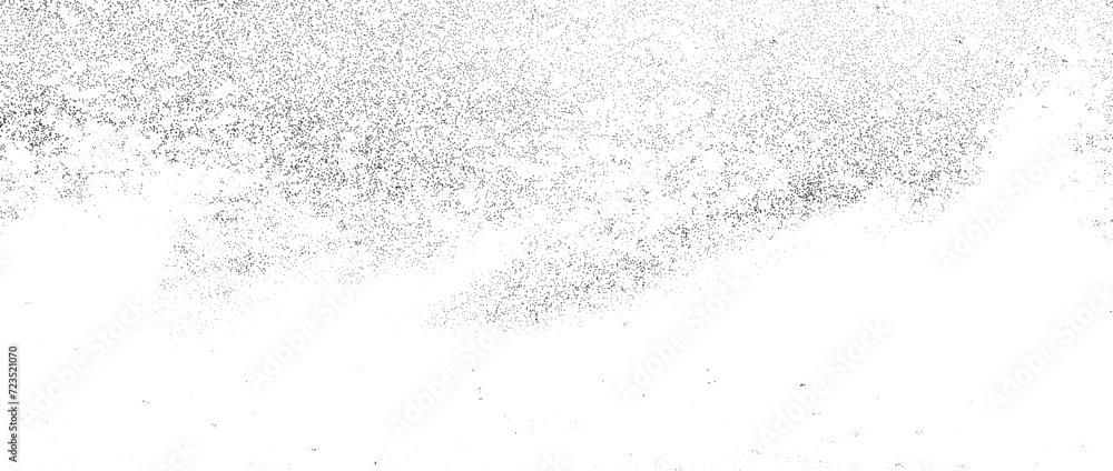 Fototapeta premium Splattered grain grunge texture. Dirty stipple noise background. Dotted halftone textured overlay. Sand dust grit distressed wallpaper. Black scattered dot backdrop for poster, banner, overlay. Vector