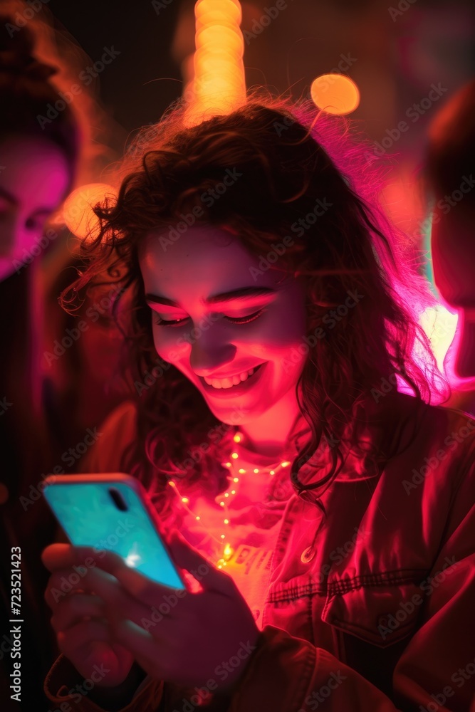 A smiling young woman absorbed in her phone A smiling young woman absorbed in her phone