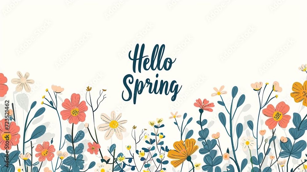 Illustration in a minimalist botanical style with a spring mood and flowers with the text “Hello spring”