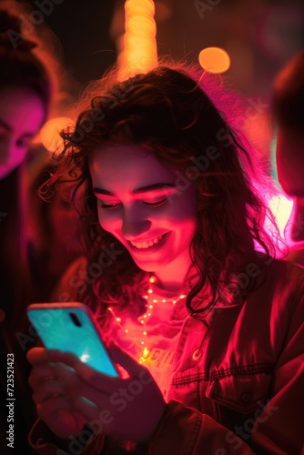 A smiling young woman absorbed in her phone