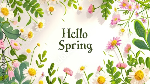 Illustration in a minimalist botanical style with a spring mood and flowers chamomiles with the text “Hello spring” in the centre on white background photo