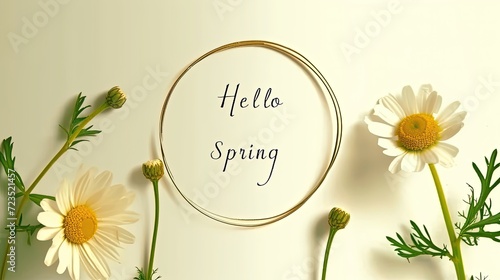 Photo in a minimalist botanical style with a spring mood and flowers chamomiles with the text “Hello spring” in the centre photo