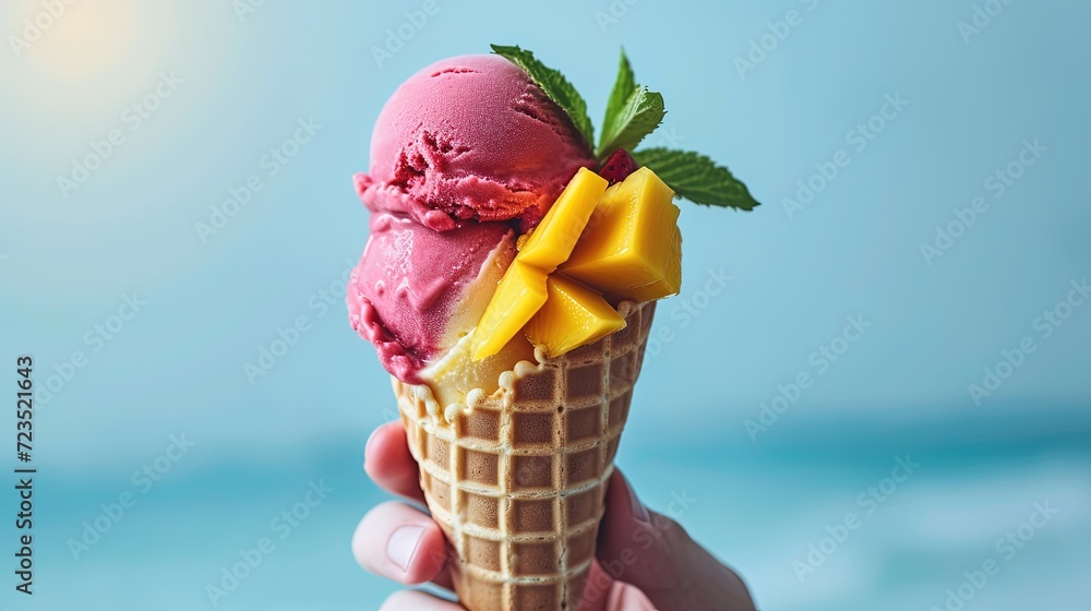Mango And Raspberry Ice Cream Delicious raspberry ice cream with mango and pieces of fruit in a ...