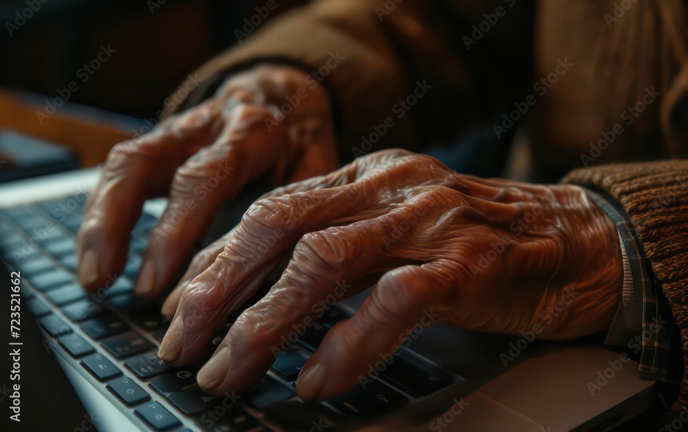Hand of an elderly businessman and the youthful fingers woman, both skillfully operating a laptop.