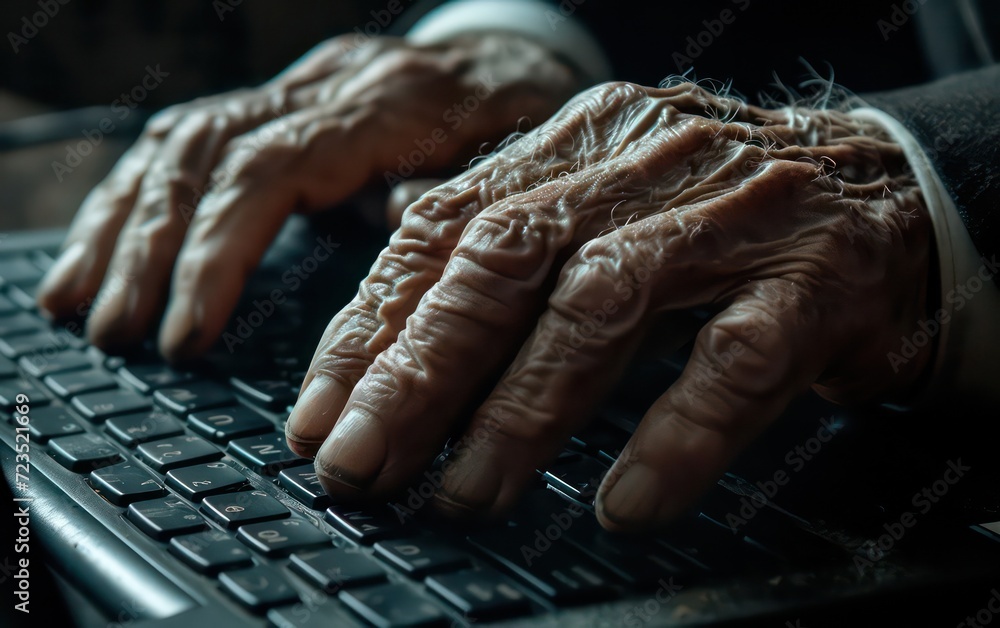 Hand of an elderly businessman and the youthful fingers woman, both skillfully operating a laptop.