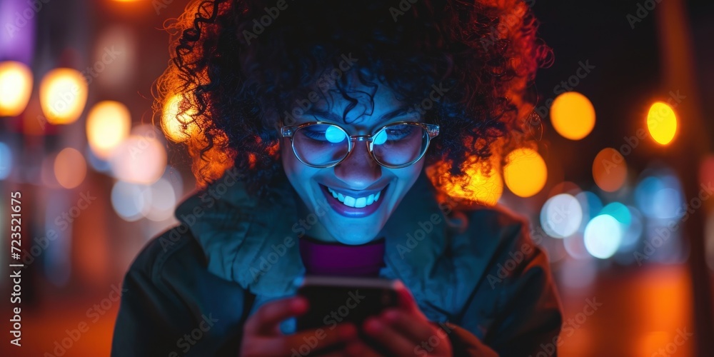 Obraz premium A smiling young woman absorbed in her phone