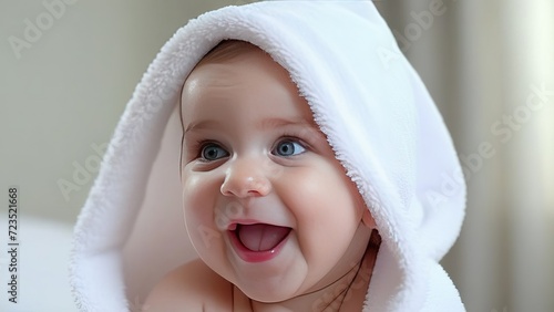 A smiling baby wrapped in a white fluffy blanket. Portrait of a happy charming little child wrapped in a fluffy white towel after bathing, on a light gray background.