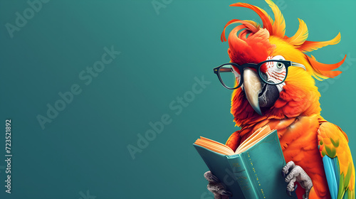 Cute And Smart Cartoon Parrot Wearing Glasses, Engrossed In Reading A Book Or Studying. Ensure There's A Designated Space For text, Making It Suitable For Educational Materials, Generative Ai