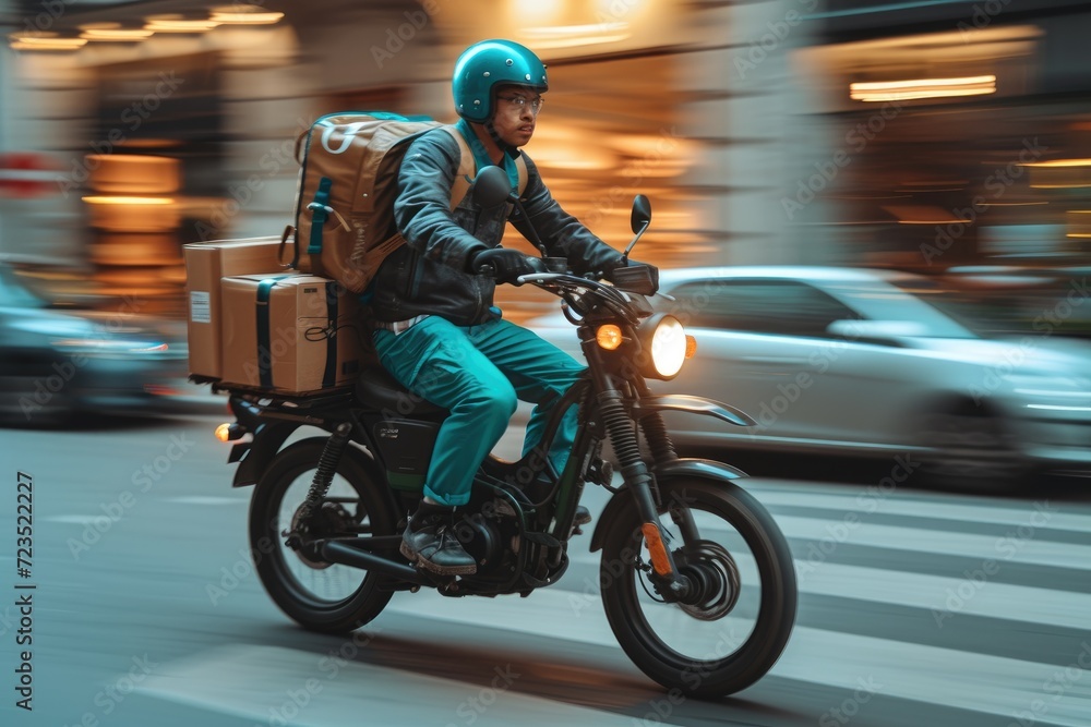 Delivery guy on motobike riding through Paris traffic