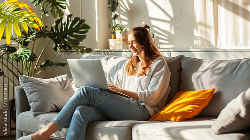 Office at home girl at laptop. Young woman, using laptop remote working at home office looking at computer communicating by video call.He is sitting on the sofa against a background of plants.