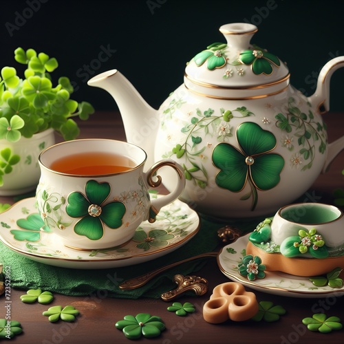 A magnificent white teapot, a cup of tea and a saucer, all objects are decorated with images of green shamrocks, on the table