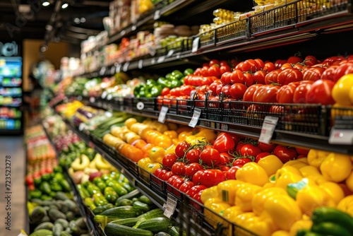 Fototapeta Naklejka Na Ścianę i Meble -  Fresh vegetables and fruits in a grocery store with a blurred background