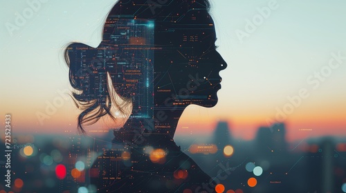 Double exposure, A woman overlaid with cityscape and data, symbolizing the intersection of urban life and digital information #723523433