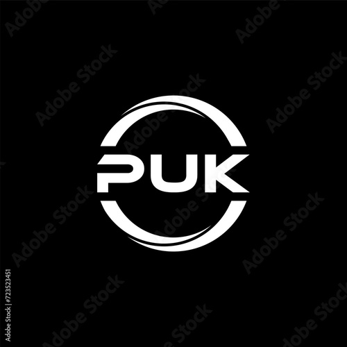 PUK letter logo design with black background in illustrator, cube logo, vector logo, modern alphabet font overlap style. calligraphy designs for logo, Poster, Invitation, etc.