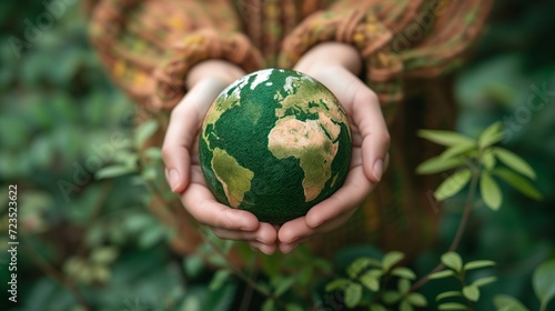 Hand hold Globe ball with tree growing and green nature background Eco-friendly concept