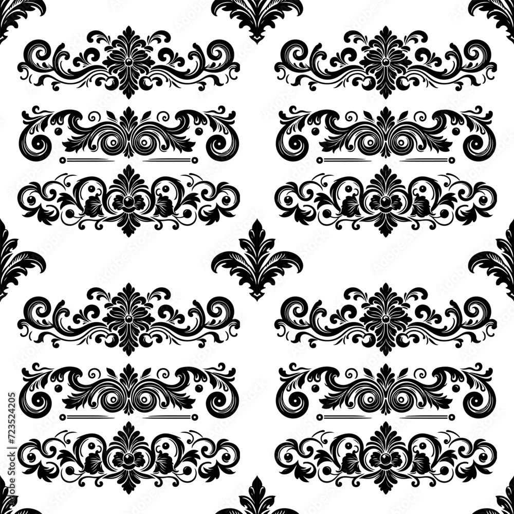 Damask Fabric textile seamless pattern Luxury decorative  Ornamental floral divider Black line vintage decoration element white Background