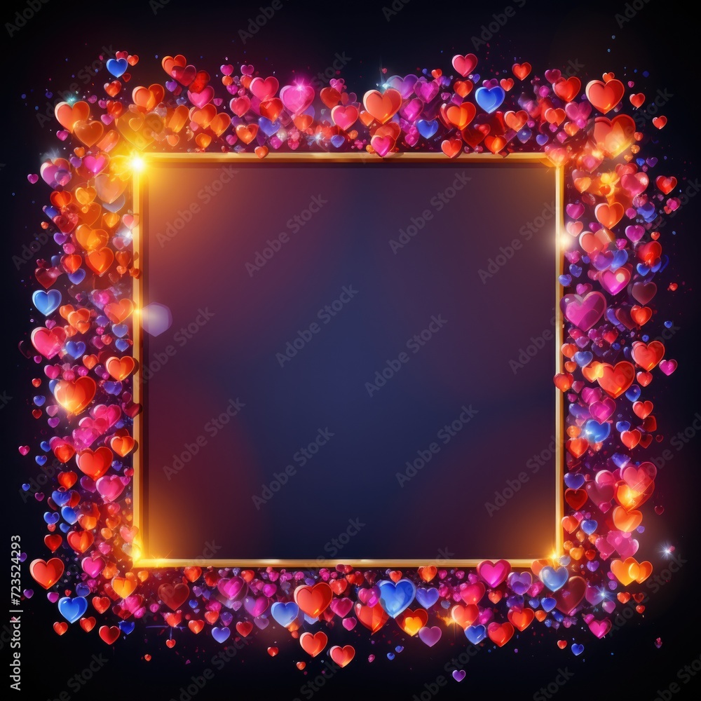 A square frame with hearts on a black background. Generative AI.