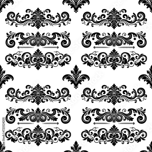 Damask Fabric textile seamless pattern Luxury decorative Ornamental floral divider Black line vintage decoration element white Background