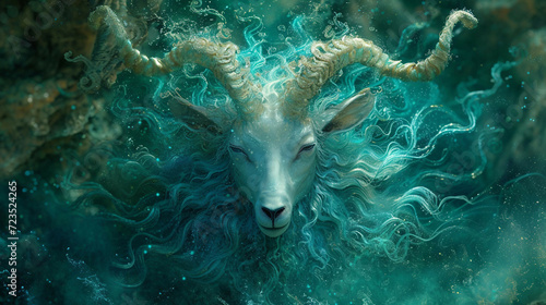 A Flowing Design Goat Head Emerging From an Abstract Background Capricorn Astrological Art photo