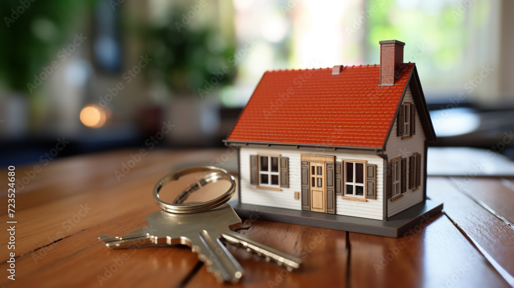 small model house with keys on table in office small model house with keys on table in office